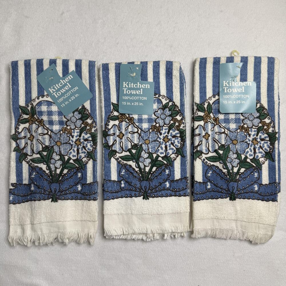 Woolworth Vintage Blue Floral Kitchen Towels Set Of 3 Cotton Country